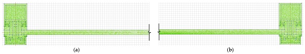 Figure 8. Calculation scheme of the (a) left side and (b) right side of the glazing structure of samples No. 2.1–No. 2.3.