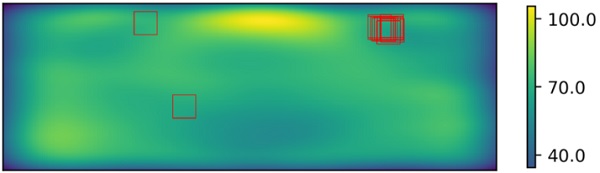 Figure 8. Heatmap of fragment distribution for 10 mm sample and red rectangles showing the freely chosen regions in the experiment. 