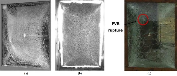 Fig. 8. Different failure modes for laminated glass windows, as observed from blast tests. (a) Glass crack only (Kranzer et al., 2005); (b) boundary failure (Hooper et al., 2012); (c) PVB rupture (Zhang et al., 2015b)