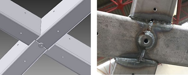 Figure 8: Design of the welded node, left: 3D engineering model, right: partially welded in the workshop.