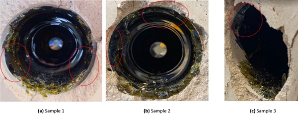Fig. 8: Images of failure around the heel of the bottle, clean cuts circled in red.