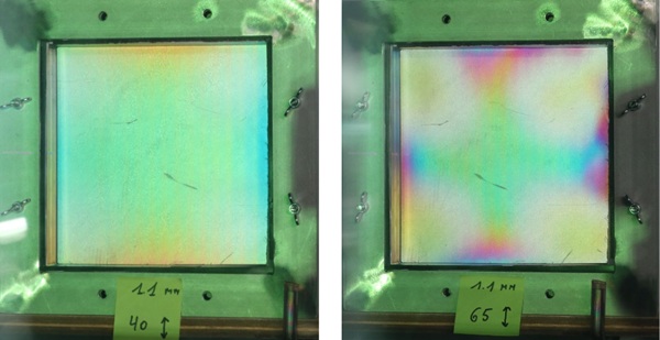 Fig. 8: View by a Polarizing Filter of the Flattened Warped Panel, 40mm (Left) and 65mm (Right).