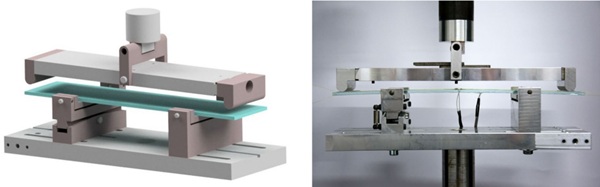 Fig. 8: Test setup for bending tests on small scale specimens to determine the strain transfer coefficient. Left: rendering of the developed bending test. Right: Realised test setup with installed test specimen and applicated fibre sensor next to strain gages.