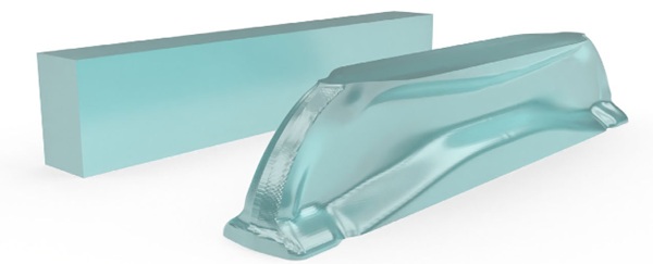 Fig. 8: A structurally optimized beam in glass is shown in the foreground with the same expected maximum principal stress as the conventional prismatic beam behind, using only 69% of the material volume.