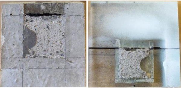 Fig. 8: Cohesive substrate failure in a concrete block after a compressive double-lap shear test.