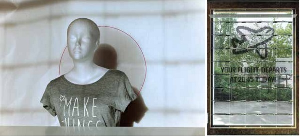 Figure 8. Shadow caused by spot on the glazing to prevent glare effect on occupant. Phot.: G. Metzger, ILEK Right: Displaying information on the SIGU with TNmodules of type 1. View from inside to outside. Phot.: G. Metzger, ILEK