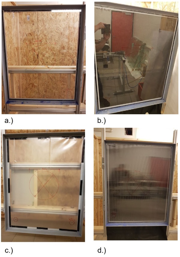 Fig. 10: Different materials in test set-up a.) glass, b.) acrylic glass, c.) greenhouse film and d.) twin -wall-sheet