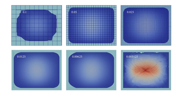 Figure 9 Displacement at 10 ms for different element sizes.