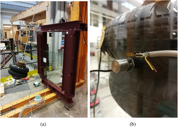 Fig. 9. Soft-body impact test set-up (a) and strain gauge on the rear side of the glass panel (b).