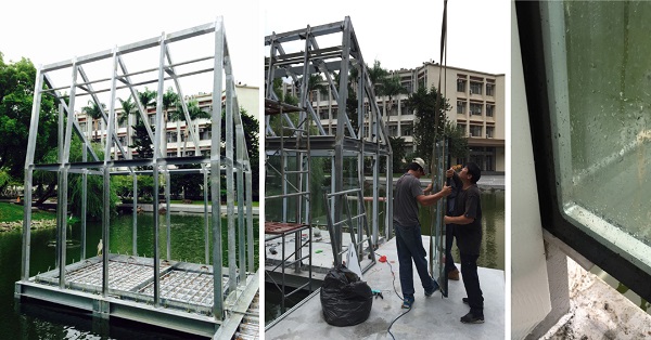 FIG . 9 Water House 2.0 during construction, showing the steel frame (left), positioning the panels (middle), and establishing the maintenance zone between floor and panel (right)