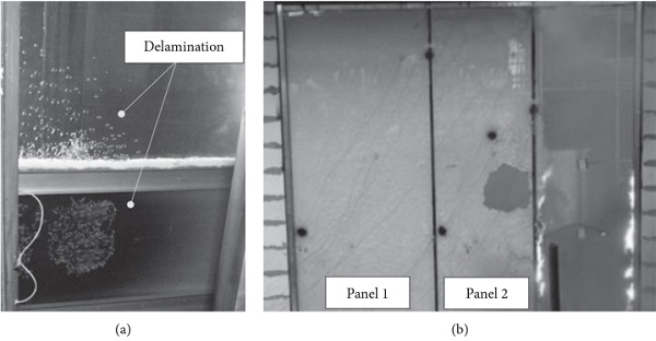 Figure 9   Glass enclosures under fire. (a) Evidence of partial delamination, as reported in [60] and (b) full-scale glazing wall tested in [70]. In evidence, it is possible to notice the loss of wall integrity and initiation of gel melting, after 49 minutes of fire exposure.