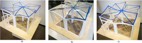 Figure 9 Different configurations for the greenhouse roof, obtained by using configuration a) 1, b) 2 and c) 3 shown in Figure 