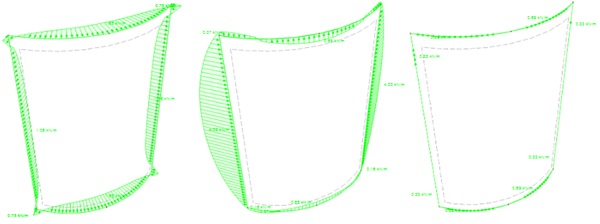 Fig. 9: Specimen 2.1. Out-of -plane line forces pz (left). In-plane line forces py (centre). In-plane line forces px (right).