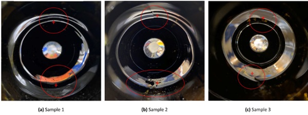 Fig. 9: Images of failure along the height of the bottle on the inside.