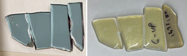 Fig. 9: Low-E coated cullet before (left) and after (right) the re-melting process.