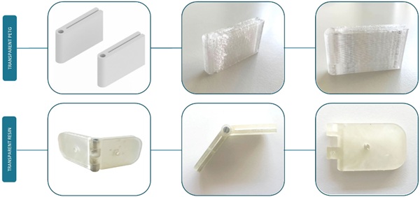 Fig. 9: The connections used for the prototypes were two different 3D printed types. A transparent PETG (above) and a clear resin (below). The images of the PETG connection show a simplified version of the connection design, since such 3d printing techniques offer limited detail options, whereas liquid resin offers greater precision to detail. However, it is still a brittle material and would not withstand under great stress.