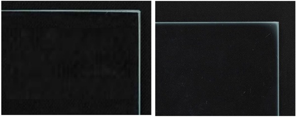 Fig. 9 B231 laminate (on left) with no cloudiness after 5000 Hrs. “other” stiff PVB laminate (on right) with a cloudy edge after only 3000 Hrs. of exposure.