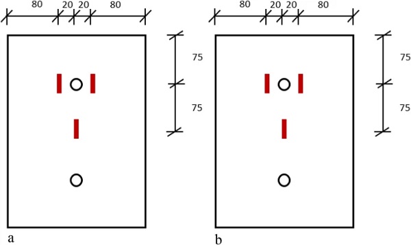 Location strain gauges a front side, b back side (all dimensions are in [mm])