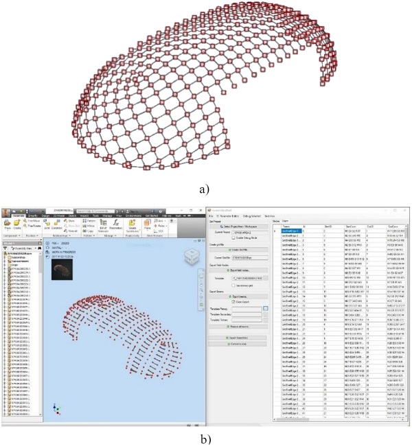 Fig. 9 Parametric tools a) line-and node-model in Rhinoceros, b) model translated to Inventor.