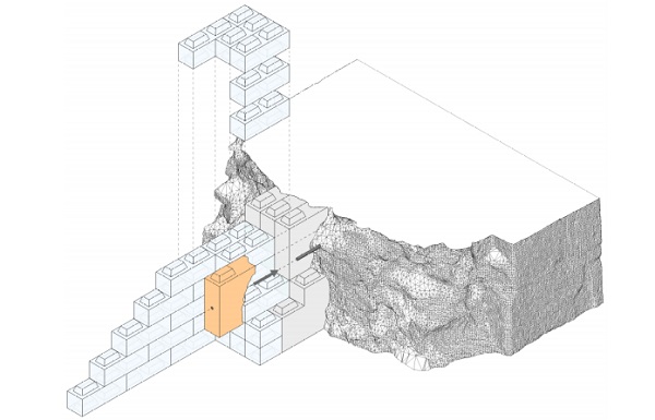 Figure 9. Demountable connection of an interlocking cast glass masonry, employing prefabricated interlocking elements, anchored to the existing historic structure with steel pins. The design was developed by the authors in the context of the 3TU.Bouw project “Restorative Glass”.