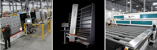 From left to right: Erdman Automation's fabrication machinery. Softsolution's LineScanner. HHH Tempering's 4-Edge Horizontal Glass Grinder.