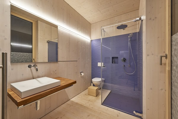 The stylish combination of glass and wood truly shines in the bathroom.