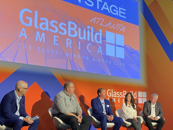 GlassBuild's kickoff panel Industry Trends to Watch with Max Perilstein, Bruce Wesner, Alan Kinder, Shelly Farmer and Ron Crowl.