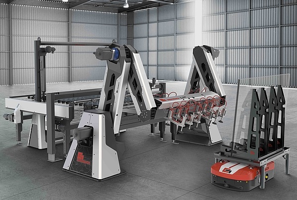 Combined with the accumulator, conveyor line and Automated Guided Vehicles (AGV), the Tin-Air-SpeedStacker shows numerous advantages. With the new double-arm kinematics connected to an ideal matching infeed section with glass sheet accumulator, a highly efficient, fast and flexible stacking cell for small glass sizes up to 2m was created. Source: Grenzebach