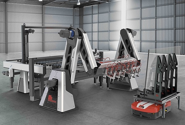 Combined with the accumulator, conveyor line and Automated Guided Vehicles (AGV), the Tin-Air-SpeedStacker shows numerous advantages. With the new double-arm kinematics connected to an ideal matching infeed section with glass sheet accumulator, a highly efficient, fast and flexible stacking cell for small glass sizes up to 2m was created. Source: Grenzebach 