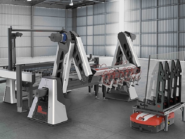 Combined with the accumulator, conveyor line and Automated Guided Vehicles (AGV), the Tin-Air-Speed-Stacker shows numerous advantages. With the new double-arm kinematics connected to an ideal matching infeed section with glass sheet accumulator, a highly efficient, fast and flexible stacking cell for small glass sizes up to 2m was created.