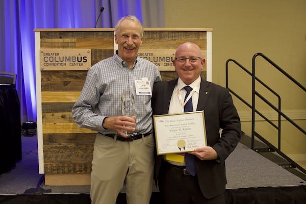 John Blendell, left, presents Wayne D. Kaplan with the 2021 Sosman Award. Credit: ACerS