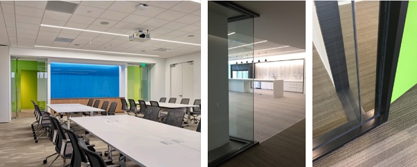 Left to right: conference room with back-painted glass (photo © Jeffrey Totaro), detail of butt-joined glass corner; detail of caulk and aluminum framing showing butt-joined glass detail and acute angle (final walkthrough photos © Amanda Weko)