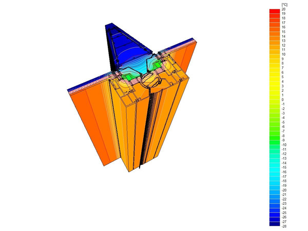 Metal Yapi simulates the thermal conduction of the façade framework to ensure high energy efficiency (here: Outdoor temperature -28 °C, indoor condition +20 °C, 50% RH; Min. temperature on aluminum 11.2 °C > 9.3 °C – no condensation). Before installation, newly designed elements are thoroughly tested at the FTI Façade Testing Institute. Source Metal Yapi