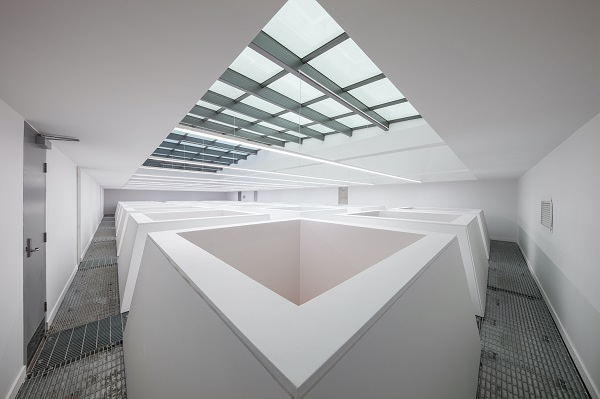 Above the large central atrium and the main staircase, daylight enters through a lattice of subtle wedge profiles. © Fretwell Photography