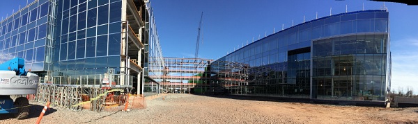 Two of the four buildings nearing completion; west atrium wall in background (all photos courtesy National Glass & Metal Co.,Inc.)