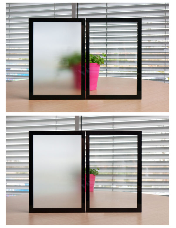 Satin glass transmits diffused, soft light. Shapes and colours of objects behind the glass become increasingly blurred the further their distance from the glazing.