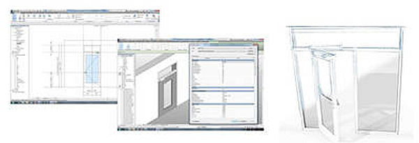 Left: Complete door system using the example of the Revit CAD program Centre: In addition to 3D data, complete element features are also displayed Photos: GEZE GmbH