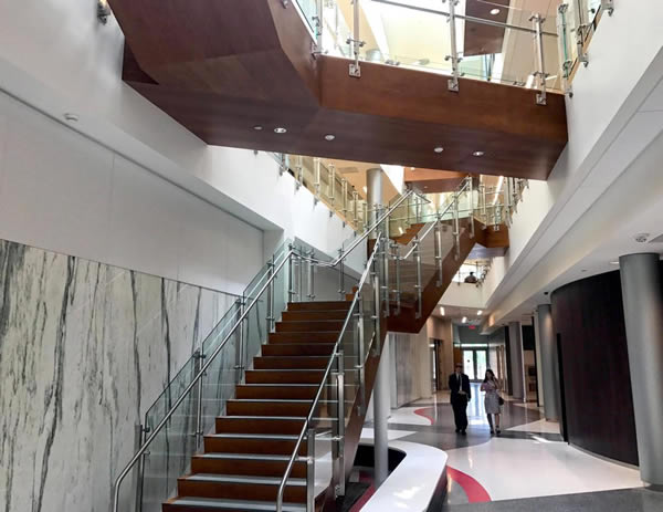 Distinctive details punctuate a truly unique railing application throughout the atrium area