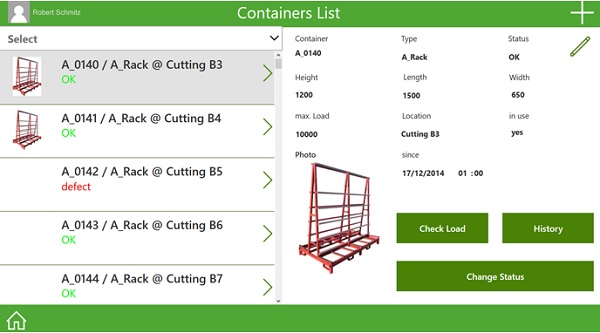 Image 1: The Shop-Floor Assistant app gives transport processes a digital structure and supports operators with additional information on locations, loads, or further processing, for example. Via scan or click, operators can request internal transport or an AGV, and even visualise the planned location on a shop floor map.