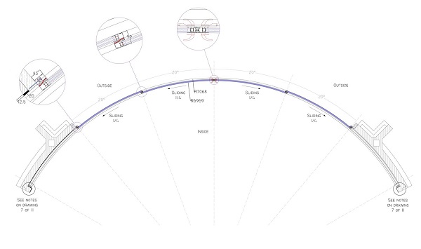 Technical drawing showing 4 doors in total and the details of the track solution – The track extends past the walls allowing two doors slide past the walls one each side.