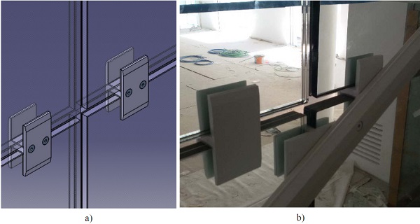 Fig. 9a) Glass-to-glass steel joints and b) Photograph of the glass-to-glass steel joints and of the handrail-to-glass joint.