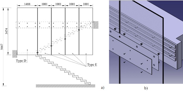 Fig. 11a) Front view of the lateral parapetb) detail of the connection to the slab.