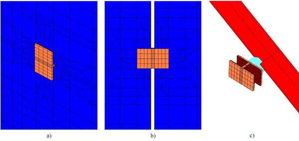 Fig. 14a), b) and c) Details of the numerical models of the steel to glass joints.