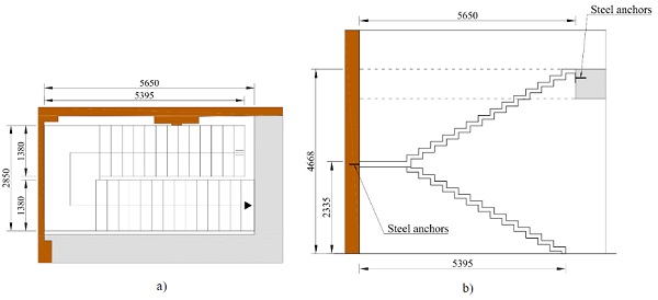 Fig. 3a) Top view and b) front view of the staircase.