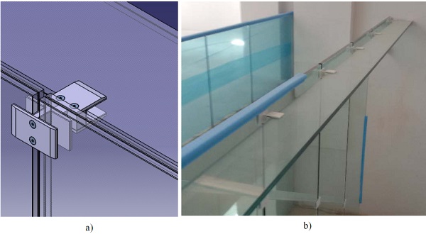 Fig. 6a) Steel joint between glass the horizontal glass fin and the panels Type B and C,b) Photograph.