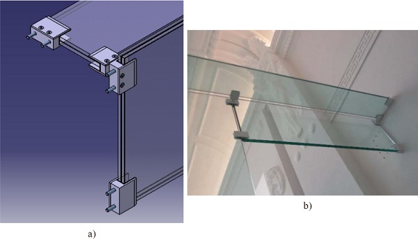 Fig. 7a) Steel joint connection of panel Type C and horizontal glass fin to masonry,b) Photograph.