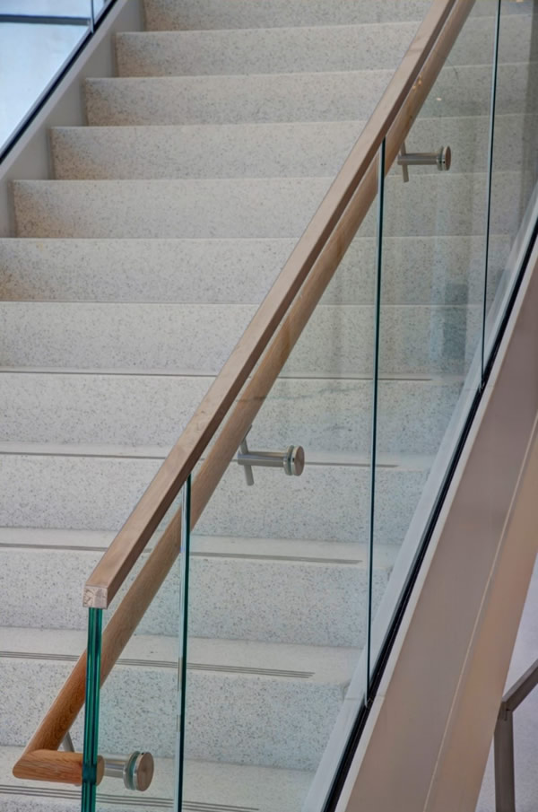 3/4” clear tempered laminated glass with SGP interlayer was used throughout the office staircases and overlooks.