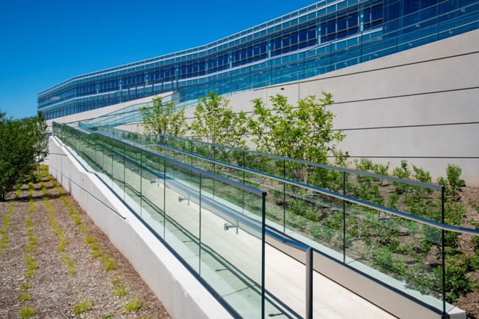The exterior precast ramp features 220 linear feet of Track Rail with Klik LED pod lighting to safely guide staff and visitors.