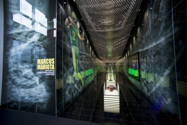 Entrance to the breathtaking trophy lobby at the Marcus Mariota Sports Performance Center. © Kris Iverson, of Moon Shadow Glass