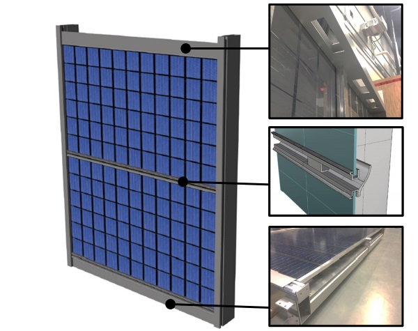 Rendering of BIPV/T Prototype. Images on right side (from top): Air collector outlets, middle inlet detail, air intake/flashing at base